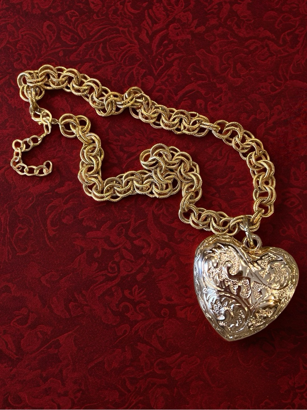 Puffed Filigree Heart Pendant Vintage Unique Double Ringed Chain